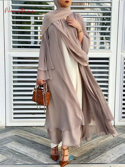 Chiffon Abaya Kimono Cardigan with Belt - Women's Islamic Fashion Robe