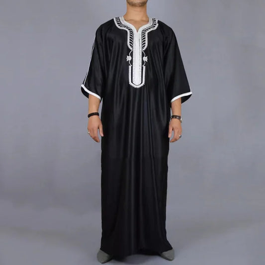 2023 Summer Caftan New Muslim Men'S Black Robe Short Sleeves Embroidered Arabic Ethnic Style Men'S Islamic Clothes